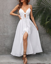 Load image into Gallery viewer, Woman wearing long white spaghetti strap flowy dress