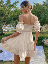 Load image into Gallery viewer, Woman wearing apricot color short dress with short sleeves and bow