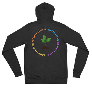 Charcoal color zip hoodie that says Winter Plan Spring Plant Summer Grow Autumn Harvest on back with picture of plant growing from the soil