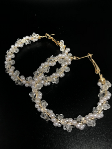 Gold hoops wrapped in crystal and faux pearls