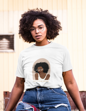 Load image into Gallery viewer, Woman wearing white t-shirt that has a woman with glass on the shirt and says "Knowledge Seeker"