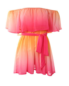 Off-shoulder pink and yellow ombre short dress
