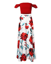 Load image into Gallery viewer, Red off-shoulder top and long white skirt with red flowers