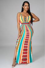 Load image into Gallery viewer, Woman wearing spaghetti strap long multicolor dress