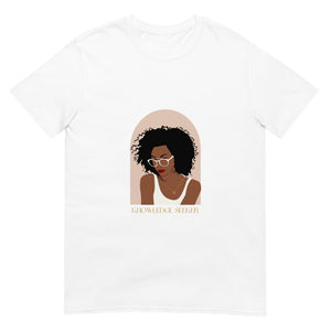 White t-shirt that has a woman on it and says "Knowledge Seeker"