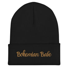 Load image into Gallery viewer, Black beanie that says Bohemian Babe in gold letters