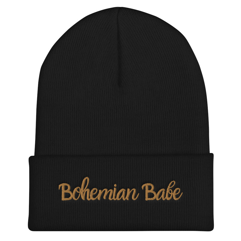 Black beanie that says Bohemian Babe in gold letters