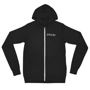 Black color zip hoodie that says Boh.Hip.Gyp in white 