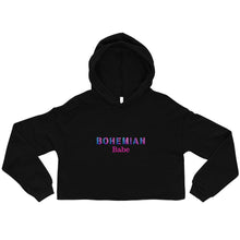 Load image into Gallery viewer, Black long sleeve crop top with hood that says Bohemian Babe in pink and blue