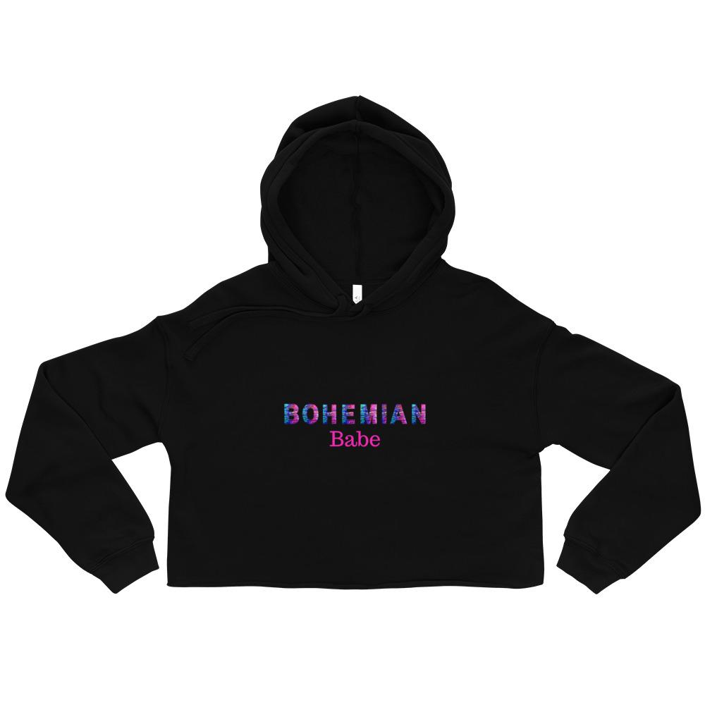 Black long sleeve crop top with hood that says Bohemian Babe in pink and blue