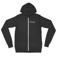 Load image into Gallery viewer, Charcoal color zip hoodie that says Boh.Hip.Gyp in white 