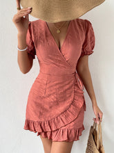 Load image into Gallery viewer, Woman wearing short dusty rose color wrap dress