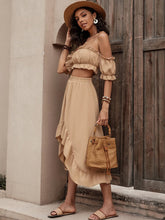 Load image into Gallery viewer, Woman wearing khaki color off shoulder top and long skirt