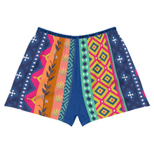 Load image into Gallery viewer, Multicolor and multi-design drawstring shorts that says Goddess Healer Queen Powerful Adventurous Brave Free Beautiful around waist