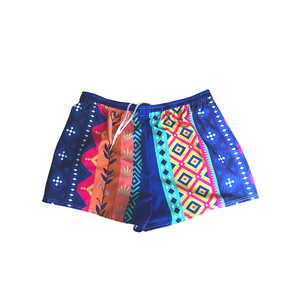 Multicolor and multi-design drawstring shorts that says Goddess Healer Queen Powerful Adventurous Brave Free Beautiful around waist
