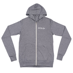 Gray color zip hoodie that says Boh.Hip.Gyp in white 