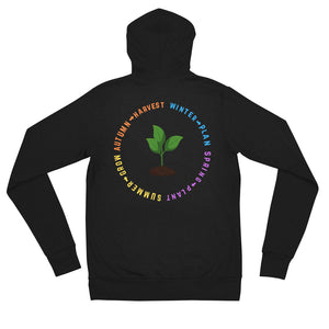 Black zip hoodie that says Winter Plan Spring Plant Summer Grow Autumn Harvest on back with picture of plant growing from the soil
