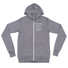 Load image into Gallery viewer, Grey zip hoodie that says Reinventing A Better Version Of Myself on front