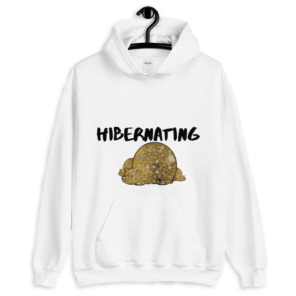 White hoodie that says Hibernating with picture of bears sleeping