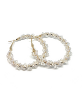 Load image into Gallery viewer, Gold hoops wrapped in crystal and faux pearls