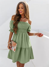 Load image into Gallery viewer, Woman wearing off-shoulder short flowy green dress