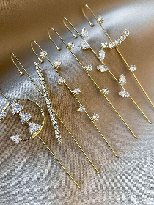 Six gold multi wrap hook earrings with rhinestones