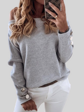 Load image into Gallery viewer, Woman wearing gray off shoulder long sleeve blouse
