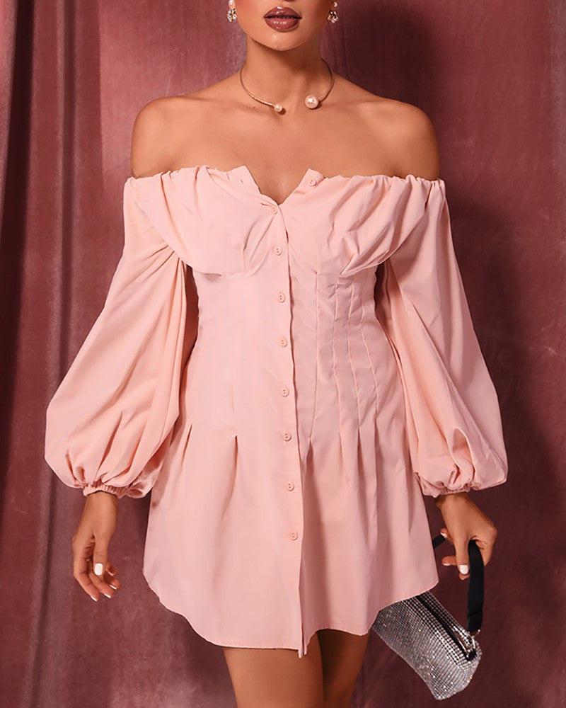 Woman wearing pink off-shoulder short dress