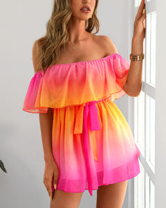 Woman wearing off-shoulder pink and yellow ombre short dress