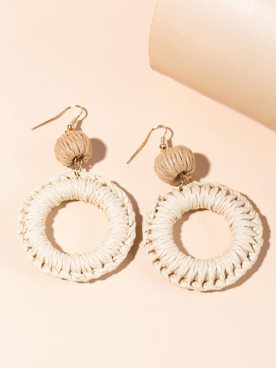 Round beige and khaki color rattan drop earrings