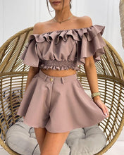 Load image into Gallery viewer, Woman wearing off-shoulder mauve color ruffle top and shorts