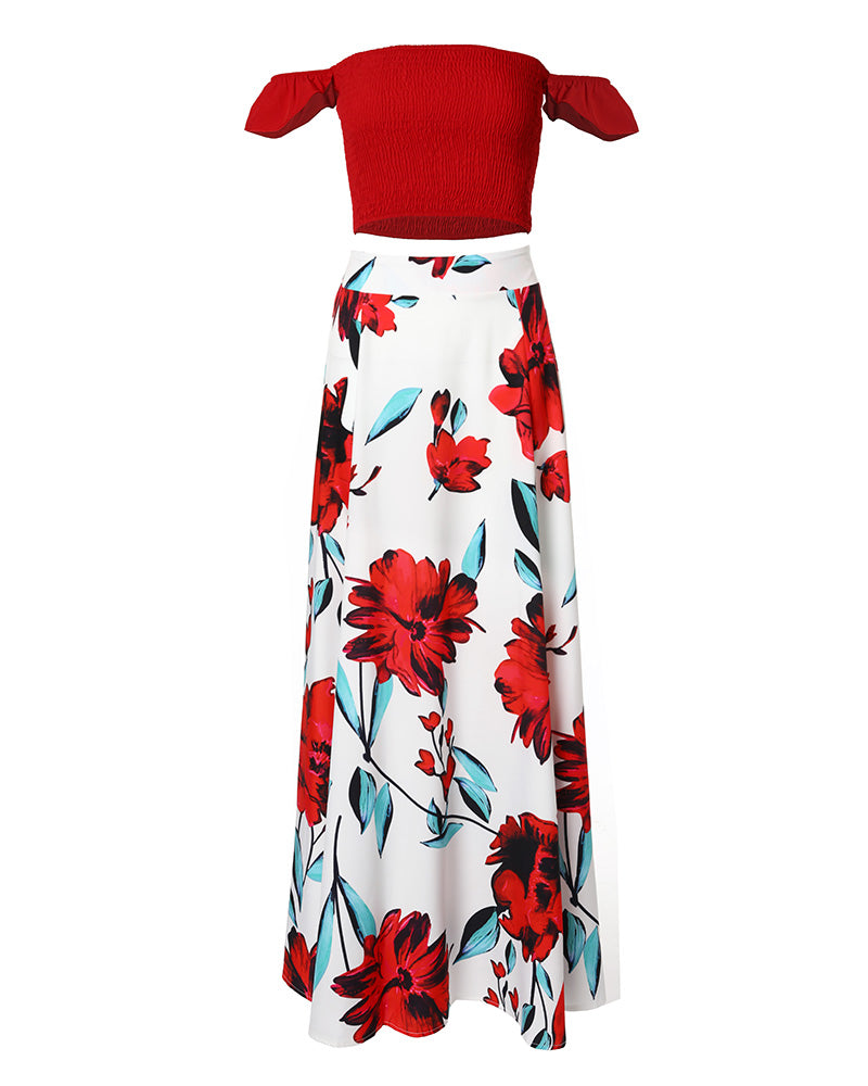 Red off-shoulder top and long white skirt with red flowers