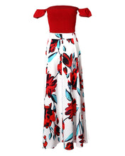 Load image into Gallery viewer, Red off-shoulder top and long white skirt with red flowers