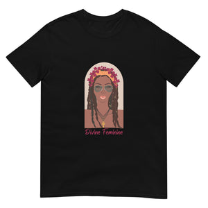 Black t-shirt that has a picture of a woman and says "Divine Feminine"