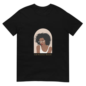 Black t-shirt that has a woman on it and says "Knowledge Seeker"