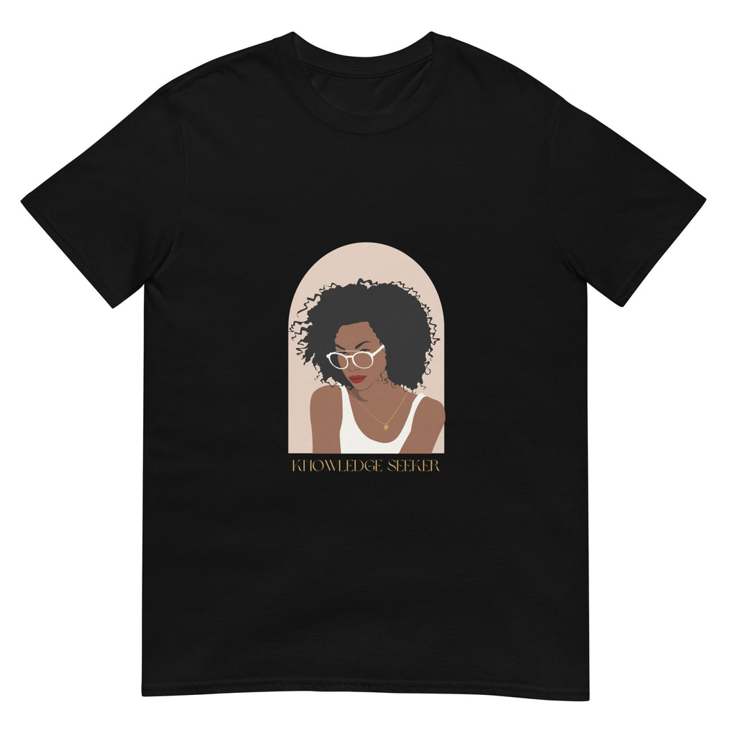 Black t-shirt that has a woman on it and says 