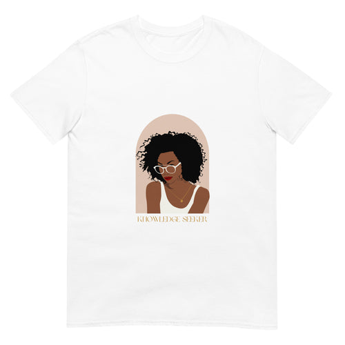 White t-shirt that has a woman on it and says 