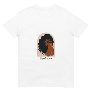 White t-shirt that has a woman on it and says "Exude Love"
