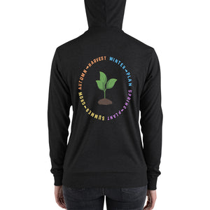 Charcoal color hoodie that says "Winter-Plan, Spring-Plant, Summer-Grow, Autumn-Harvest" on back