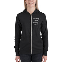 Load image into Gallery viewer, Woman wearing charcoal color hoodie that says &quot;Reinventing a better version of myself&quot; on front