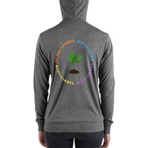 Gray hoodie that says "Winter-Plan, Spring-Plant, Summer-Grow, Autumn-Harvest" on back