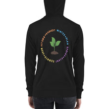 Load image into Gallery viewer, Black hoodie that says &quot;Winter-Plan, Spring-Plant, Summer-Grow, Autumn-Harvest&quot; on back