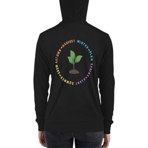 Black hoodie that says "Winter-Plan, Spring-Plant, Summer-Grow, Autumn-Harvest" on back