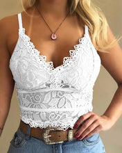 Load image into Gallery viewer, Woman wearing white laced cami top with spaghetti straps