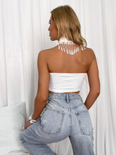 Load image into Gallery viewer, Woman wearing white fringe halter top